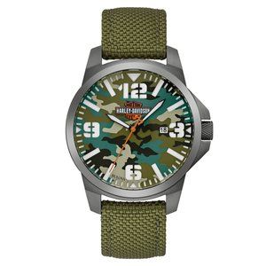 *NIB* Harley-Davidson 42mm Men's Cut-Out Camo Strap Watch in Military Green